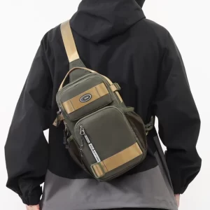 Men's multifunctional chest bag with multiple zipper compartments, suitable for outdoor sports, adjustable shoulder straps, cros